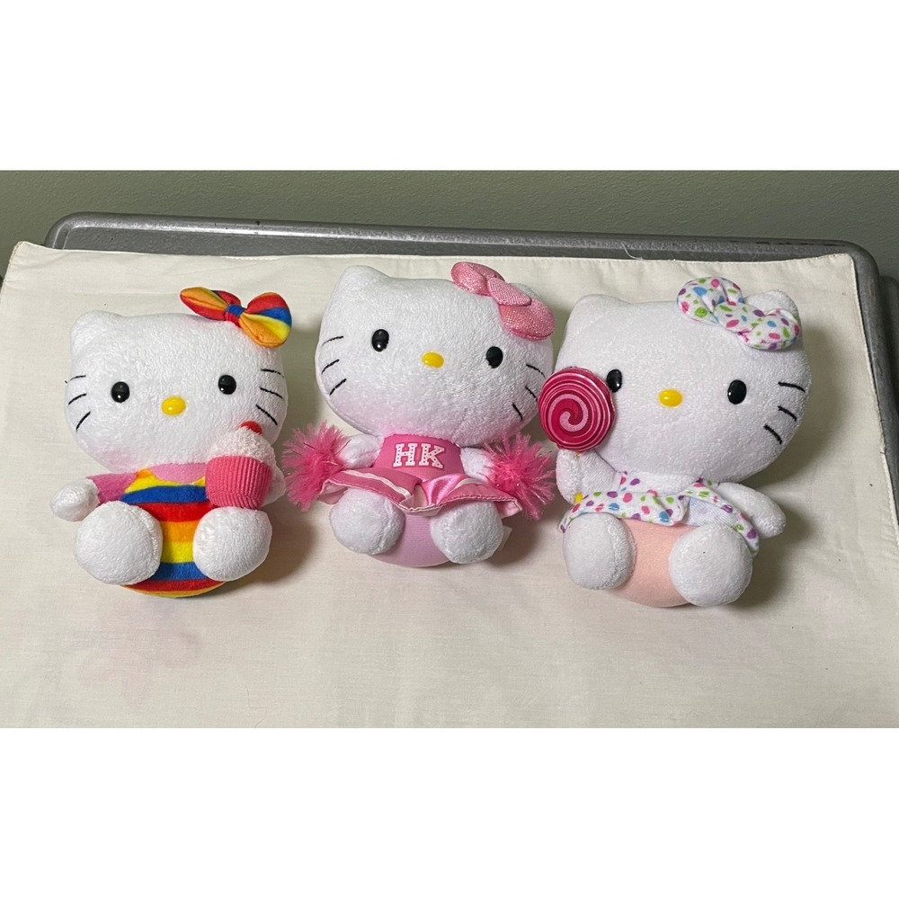 Ty Beanie Babies Hello Kitty Plush Lot 3 Cheerleader Rainbow Cupcake Lollipop 6"